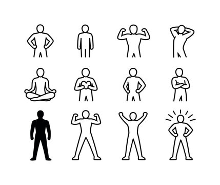 Personal confidence. Line icon set of Personal confidence: self belief pose, calm standing posture, inner strength stance, relaxed confident pose, mindful