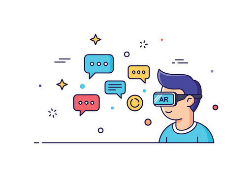 Augmented reality language learning depicted as a person in AR glasses viewing floating speech bubbles and word icons, symbolizing interactive communication