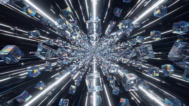 Crystal Cubes Floating Through Dark Tunnel with Bright Light Streaks for Abstract Digital Background