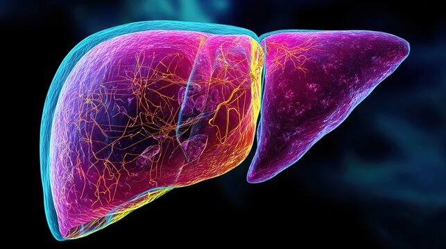 Medical illustration of fatty liver disease, a common condition characterized by excess fat accumulation in liver cells, including non-alcoholic fatty liver disease (NAFLD) 