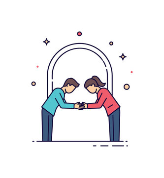 Ceremonial opening greeting illustrated by two figures exchanging a respectful bow with a subtle arch shape framing the scene, symbolizing formality and