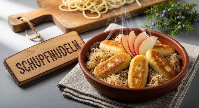 Authentic German Schupfnudeln Potato Dumplings with Sauerkraut and Rising Steam