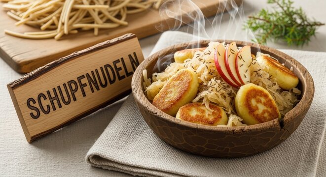 Authentic German Schupfnudeln Potato Dumplings with Sauerkraut and Rising Steam