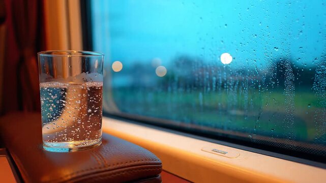 Glass of Sparkling Water on Brown Leather Armrest by Rainy Train Window, Travel Refreshment