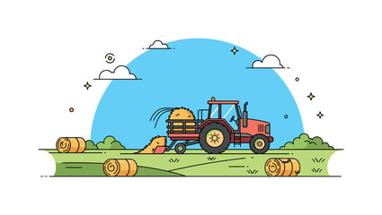 Obraz premium Haying tractor illustrated on a grassy meadow with scattered hay bales and a clear blue sky, highlighting agricultural work and countryside scenery. Minimalist