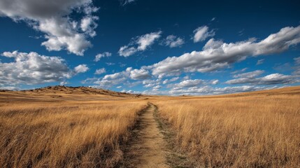 Fototapeta premium Worn path in grass crossing an open field, blue sky