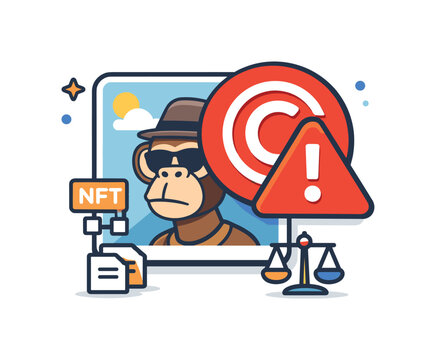 Copyright infringement in NFTs represented by a familiar image partially overlaid with a warning symbol, highlighting misuse, copying, and legal uncertainty in