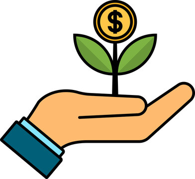 Financial profit vector icon of a green sprout with a dollar coin leaf held in a hand, symbolizing financial success. Financial profit transparent PNG icon.
