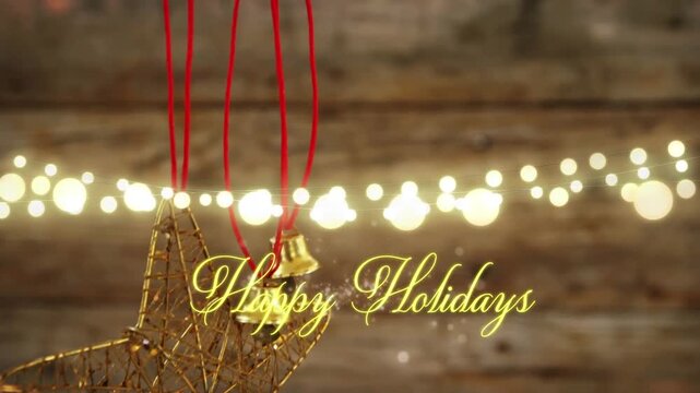 Animation of happy holidays text over christmas tree decorations