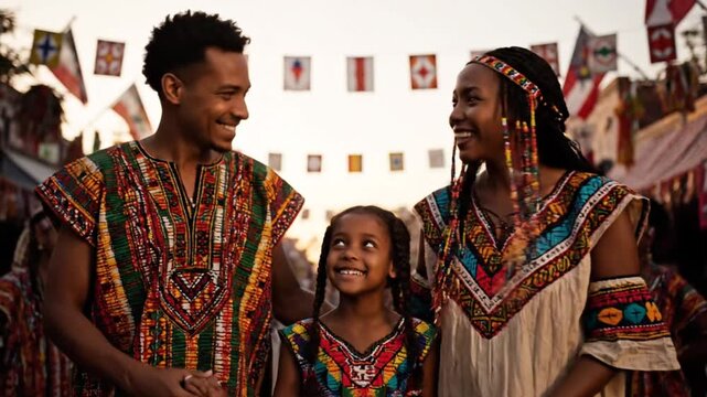 A joyful African family celebrates at a vibrant cultural festival under colorful flags, smiling and interacting warmly in traditional attire.
