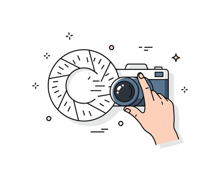 Camera shutter click moment illustrated by a large circular lens with tiny radial lines and a hand pressing the shutter button, capturing the instant of