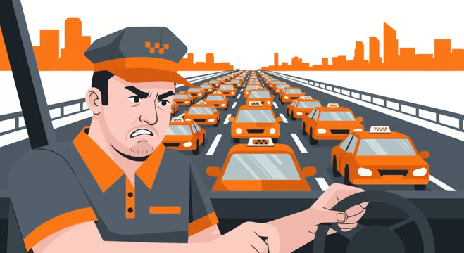 Angry taxi driver stuck in traffic jam on highway with city skyline background