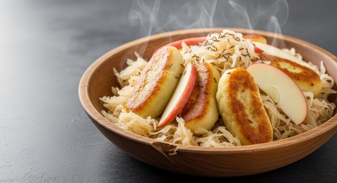 Authentic German Schupfnudeln Potato Dumplings with Sauerkraut and Earth-Toned Negative Space