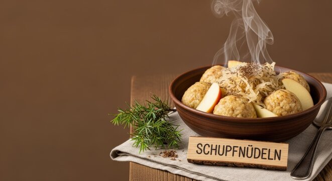 Authentic German Schupfnudeln Potato Dumplings with Sauerkraut and Earth-Toned Negative Space