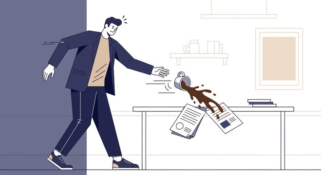 Clumsy businessman spills coffee on documents at desk, office mishap, stress