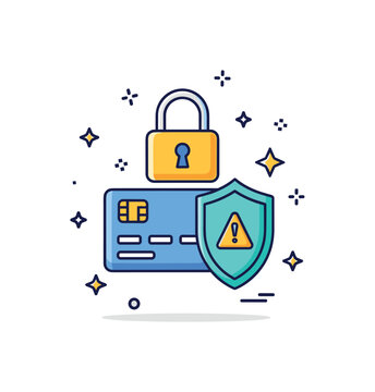 Fraud protection monitoring showing a credit card shielded by a protective lock with tiny alert stars around it, symbolizing proactive security. The scene
