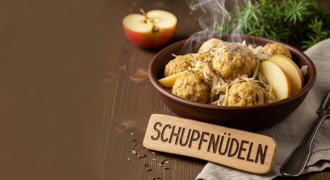 Authentic German Schupfnudeln Potato Dumplings with Sauerkraut and Earth-Toned Negative Space