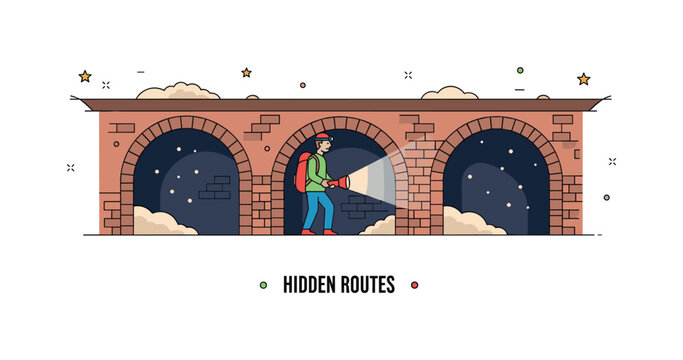 Underground tourism exploring hidden tunnels beneath an old city with a curious traveler holding a flashlight. Arched brick walls, subtle dust particles and a