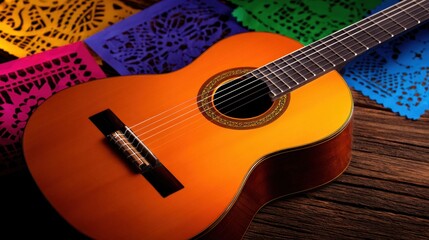 Fototapeta premium A vibrant acoustic guitar rests on a textured wooden surface beside colorful papel picado decorations