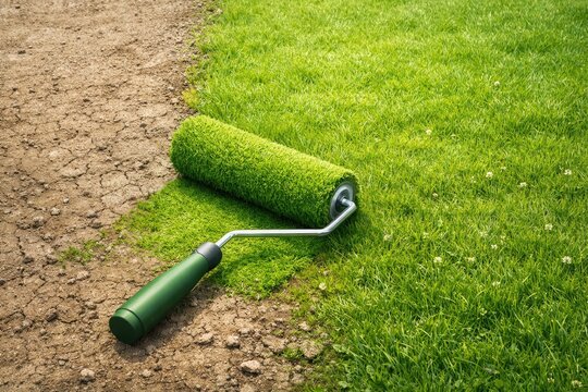 Lawn painting roller creating artificial grass on dry soil gardening