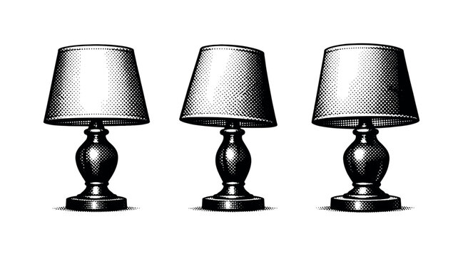 Table lamp ? bedside lamp with fabric shade. A realistic bedside table lamp with fabric shade shown as one identical object in three different views, focusing