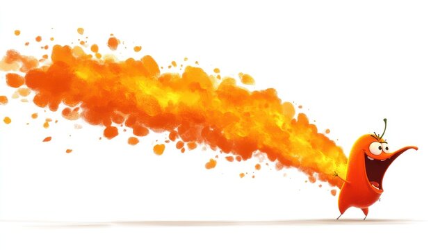 Cartoon chili pepper expelling fire, bright background, playful expression