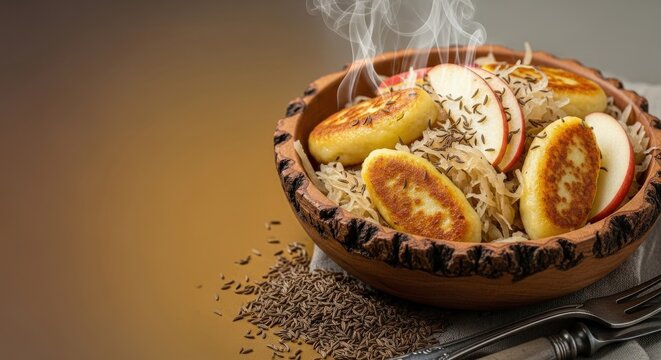 Authentic German Schupfnudeln Potato Dumplings with Sauerkraut and Earth-Toned Negative Space