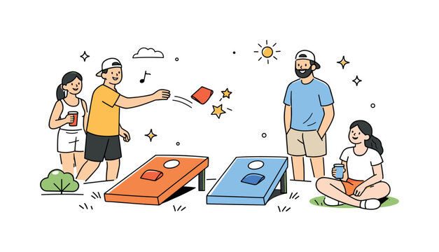 Weekend Lawn Games Party. Small group enjoying casual lawn games with cornhole boards, bean bags mid-air with soft motion lines and cheerful stars around.