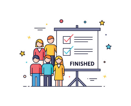 Team project finished concept featuring simplified figures standing beside a completed task board with a final checkmark, symbolizing collaboration and shared
