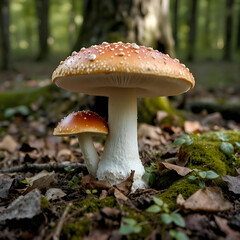 Fototapeta premium Two mushrooms growing on forest floor with lush green background 