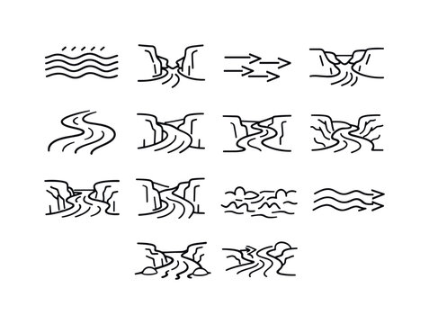River Flow Through Canyon. Line icon set of River Flow Through Canyon: flowing river current, river narrowing point, water direction arrows, river channel cut,