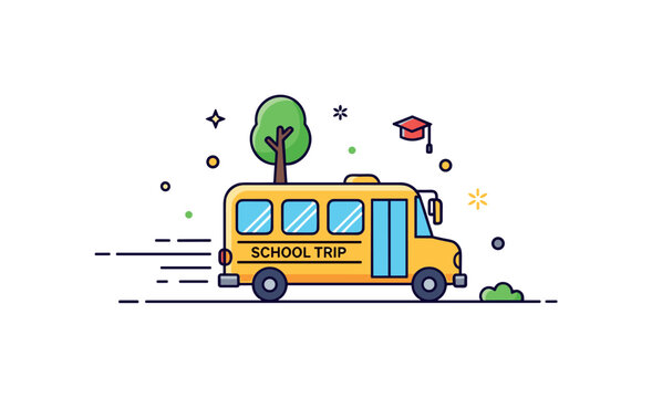 Field trip school bus adventure depicted by a bus with subtle motion lines and a small tree accent nearby, symbolizing educational outings and shared