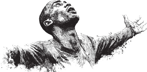 The abstract silhouette of a player letting out a victory cry. An emotional and artistic black vector design. © PanzaDesign