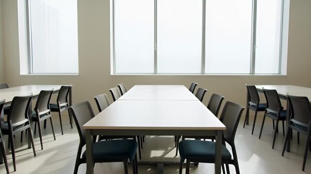 Empty classroom interior with desks and chairs and bright natural light