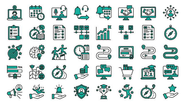 Sound Design Icon Set in linear style. A collection of audio production icons, including microphone, keyboard, mixer, headphones, waveform, fader, midi, synth, and more. Editable stroke.