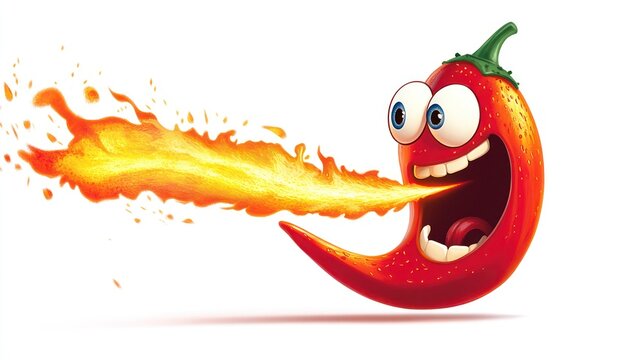 Cartoon chili pepper character spewing fire, food illustration