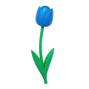 A vibrant blue tulip with a green stem and leaves against a white background isolated on transparent background