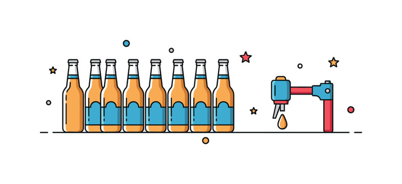 Bottling homemade beer scene illustrated with a row of identical bottles aligned neatly and a small capper tool icon, conveying precision and final