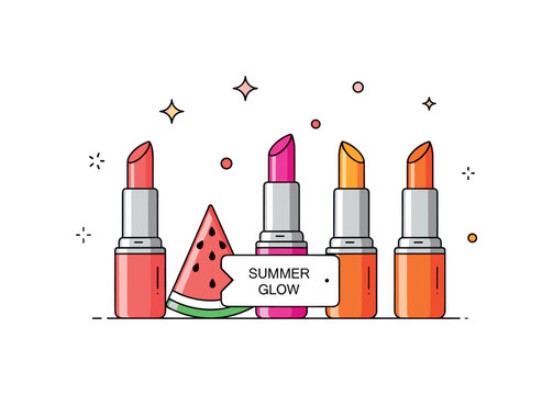 Vibrant summer lipstick shades arranged as open lipstick tubes in coral, watermelon pink and bright tangerine, expressing confidence and sunny energy. A