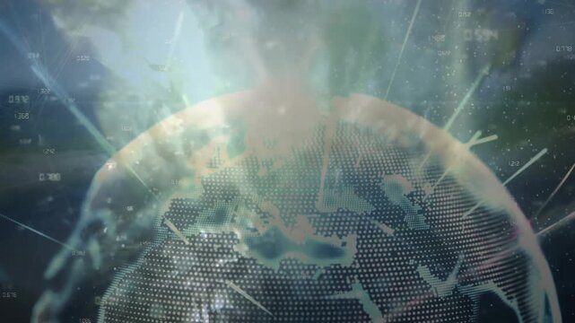 Animation of globe and connections over legs of caucasian woman jumping into puddle