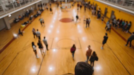 Obraz premium High angle view of people gathering in a brightly lit gymnasium with wooden floors