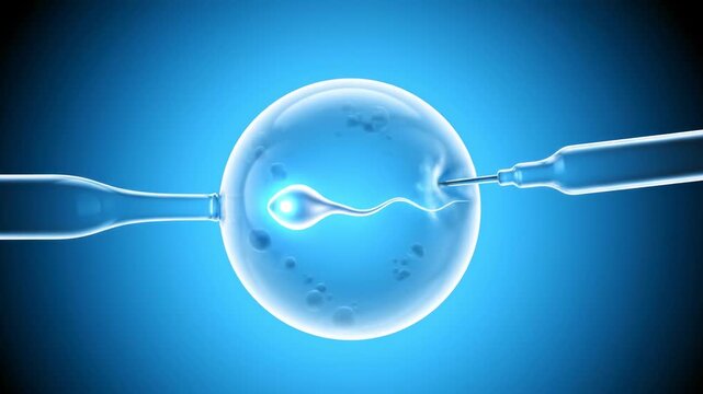 Micropipette Injecting Sperm Into Oocyte Under Bright Blue Illumination, Precise Microinjection Action, Clinical Setting Vibe, Embryologist Procedure For Assisted Reproduction