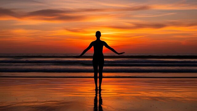 Person silhouette practicing yoga on beach at sunset