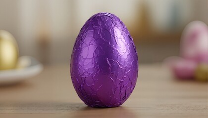 Obraz premium milk chocolate easter egg in purple aluminium foil wrapper 