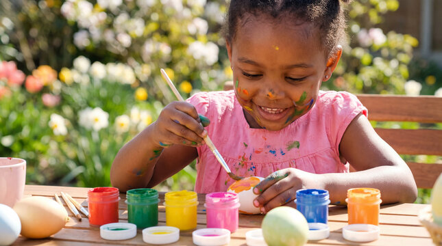 Easter egg painting toddler girl happy creative spring activity for holiday celebration family fun childhood joy art craft decoration design