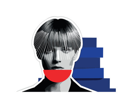 Black and white androgynous close-up with short choppy fringe haircut, vibrant red half-circle at the base of the neck, deep blue rectangular forms stacked