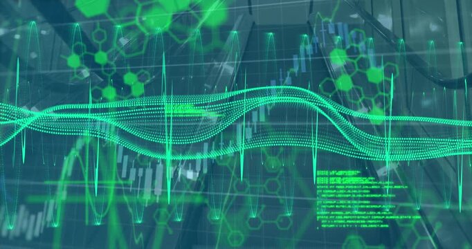 Animation of digital programming language with graphical hexagonal shaped and moving wave patterns