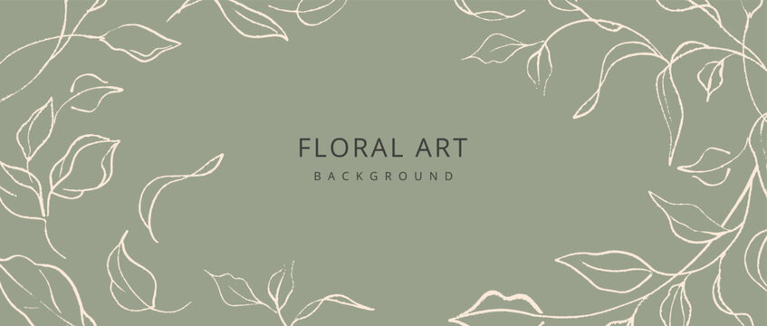 Natural green abstract background with sketches of branches and leaves. Vector floral hand drawn line art illustration for web design, wallpaper, poster, banner, card, print, invitation, cover