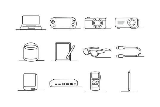 Portable Electronics. Minimalistic set one-line drawing compact laptop, handheld gaming console, pocket camera, mini projector, portable speaker, tablet with