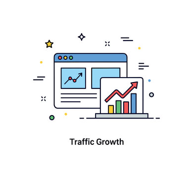 Web design website analytics badge showing a simplified webpage combined with a small upward trending chart icon, symbolizing performance tracking and growth.